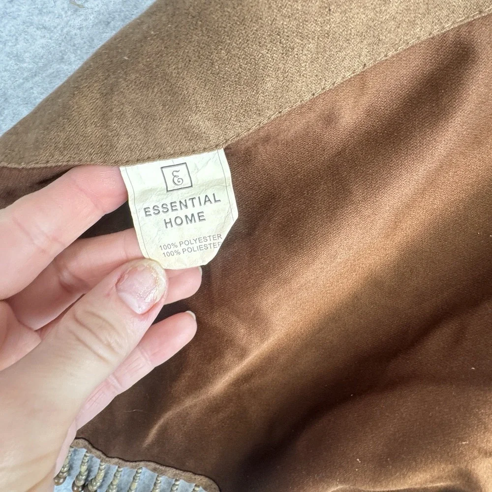 Vintage Faux Suede Beaded Curtain Valance Panels Set of 2 Brown Wood Bead Fringe
